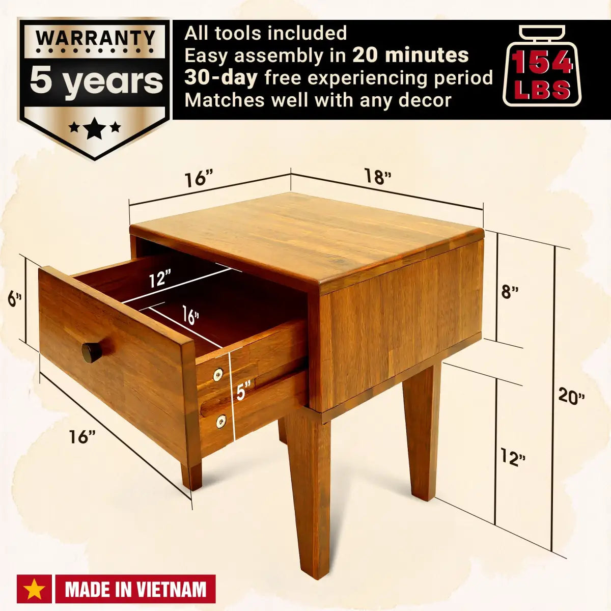 Solid Wood Nightstand - Acacia 1-Drawer - for Stylish Storage - Megsu