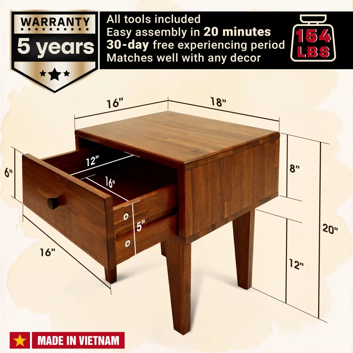 Solid Wood Nightstand - Acacia 1-Drawer - for Stylish Storage - Megsu