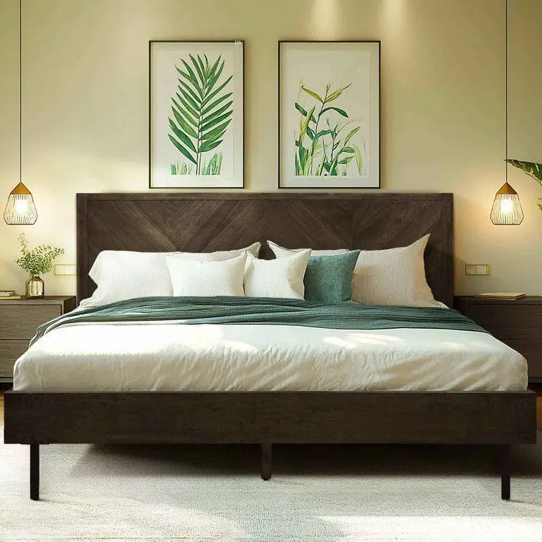 Acacia Wood Bed Frame - Deluxe Platform Bed - Mocha / Queen - Megsu