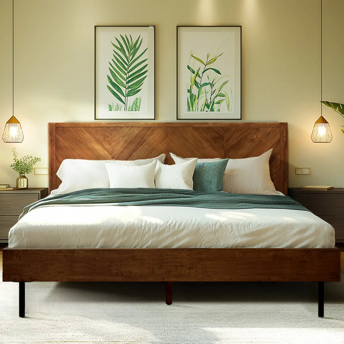 Acacia Wood Bed Frame - Deluxe Platform Bed - Walnut / Queen - Megsu
