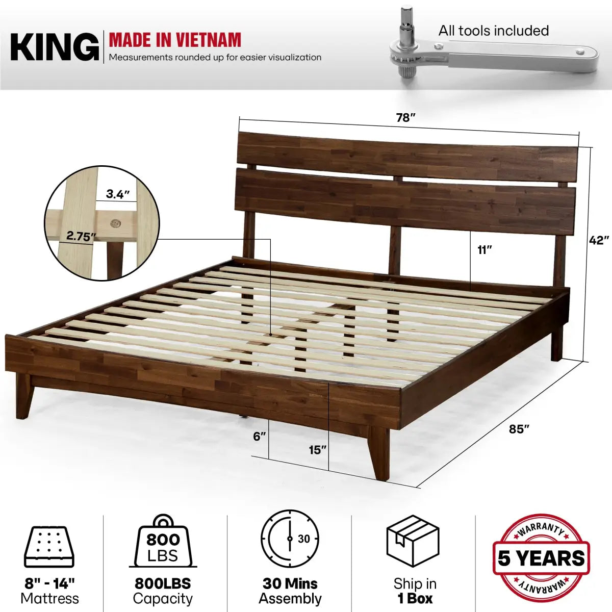 Solid Wood Bed Frame - Acacia - Stylish Bedroom - Megsu
