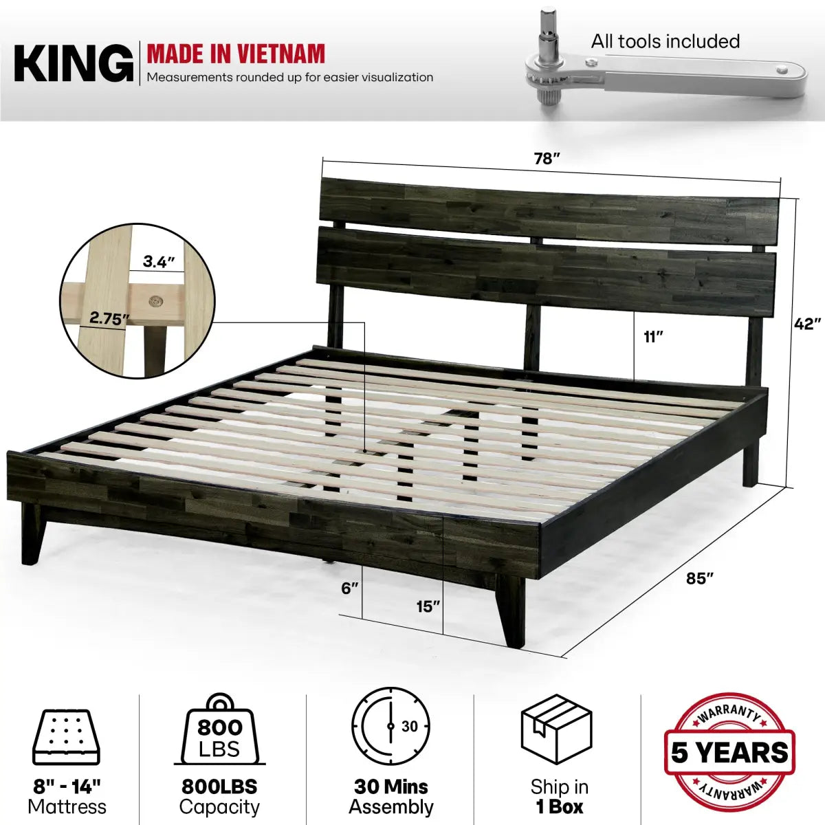 Solid Wood Bed Frame - Acacia - Stylish Bedroom - Megsu