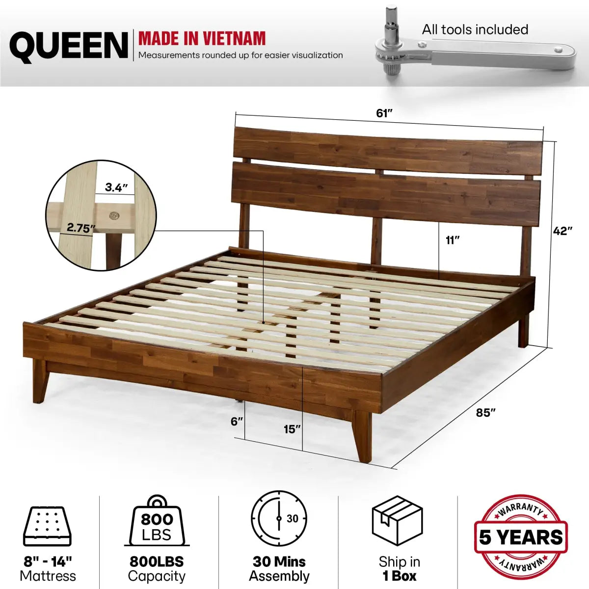 Solid Wood Bed Frame - Acacia - Stylish Bedroom - Megsu