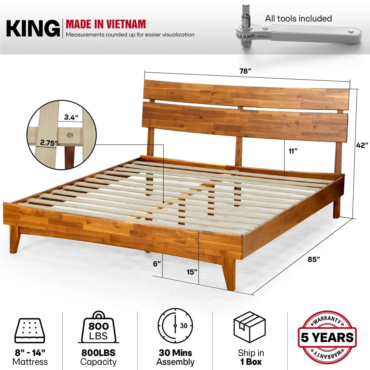 Solid Wood Bed Frame - Acacia - Stylish Bedroom - Megsu