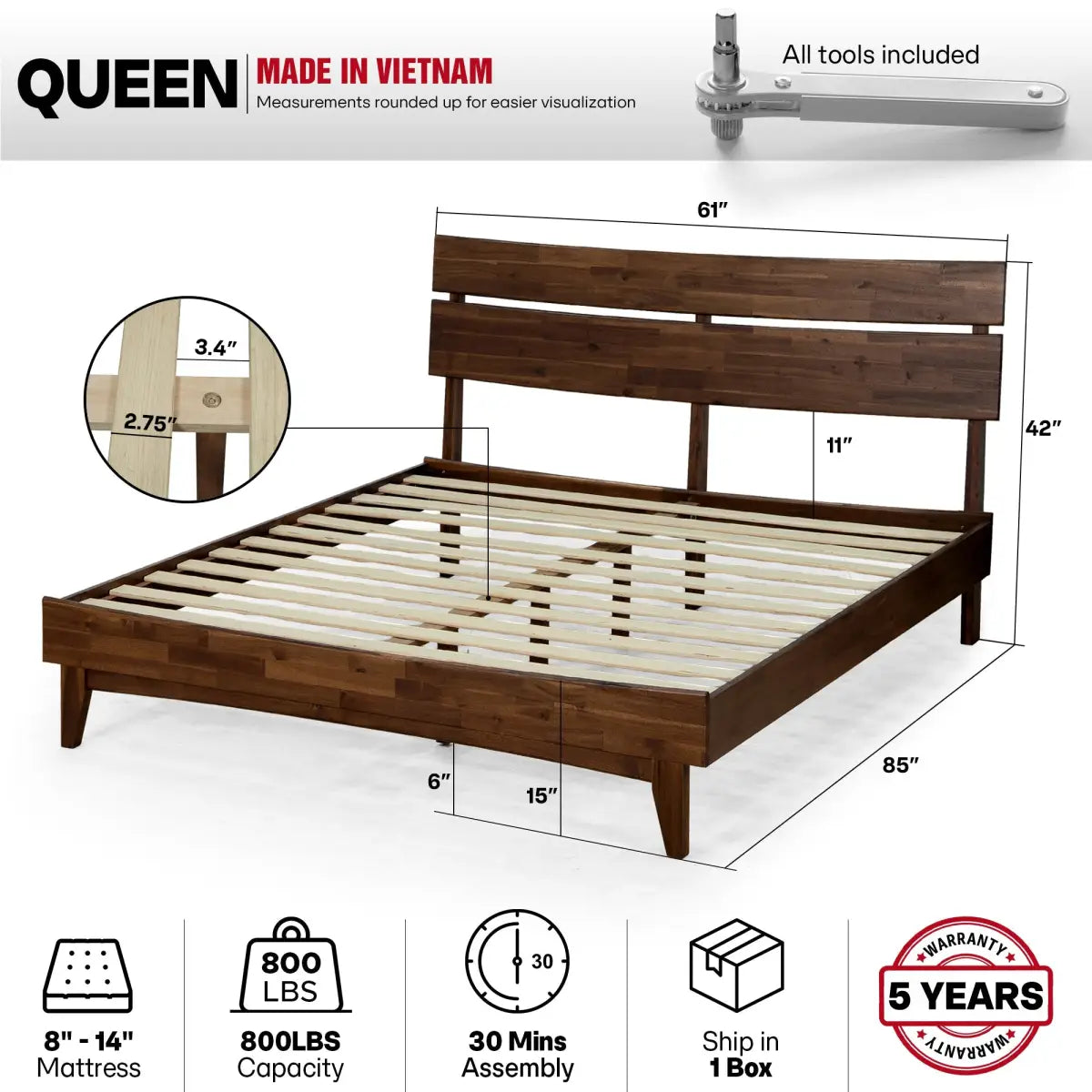 Solid Wood Bed Frame - Acacia - Stylish Bedroom - Megsu
