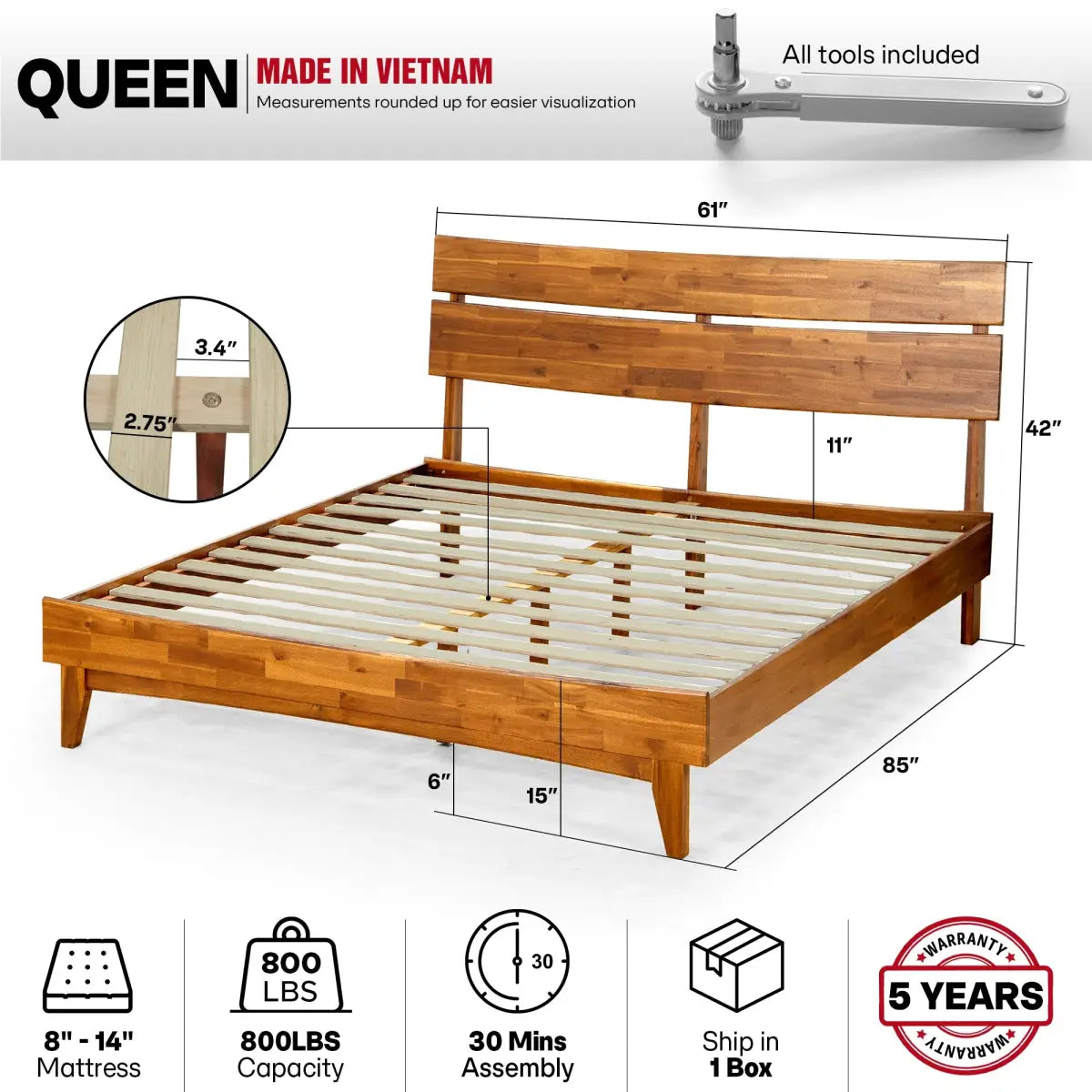 Solid Wood Bed Frame - Acacia - Stylish Bedroom - Megsu
