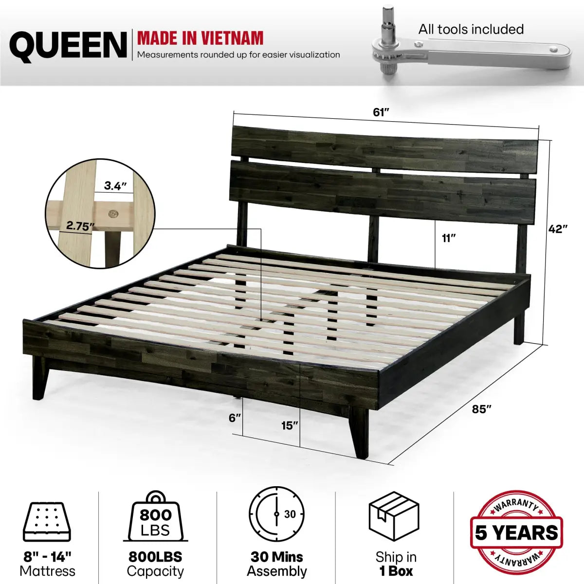 Solid Wood Bed Frame - Acacia - Stylish Bedroom - Megsu