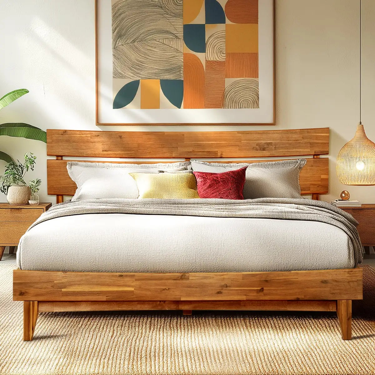 Solid Wood Bed Frame - Acacia - Stylish Bedroom - Only Bed / Caramel / Queen - Megsu