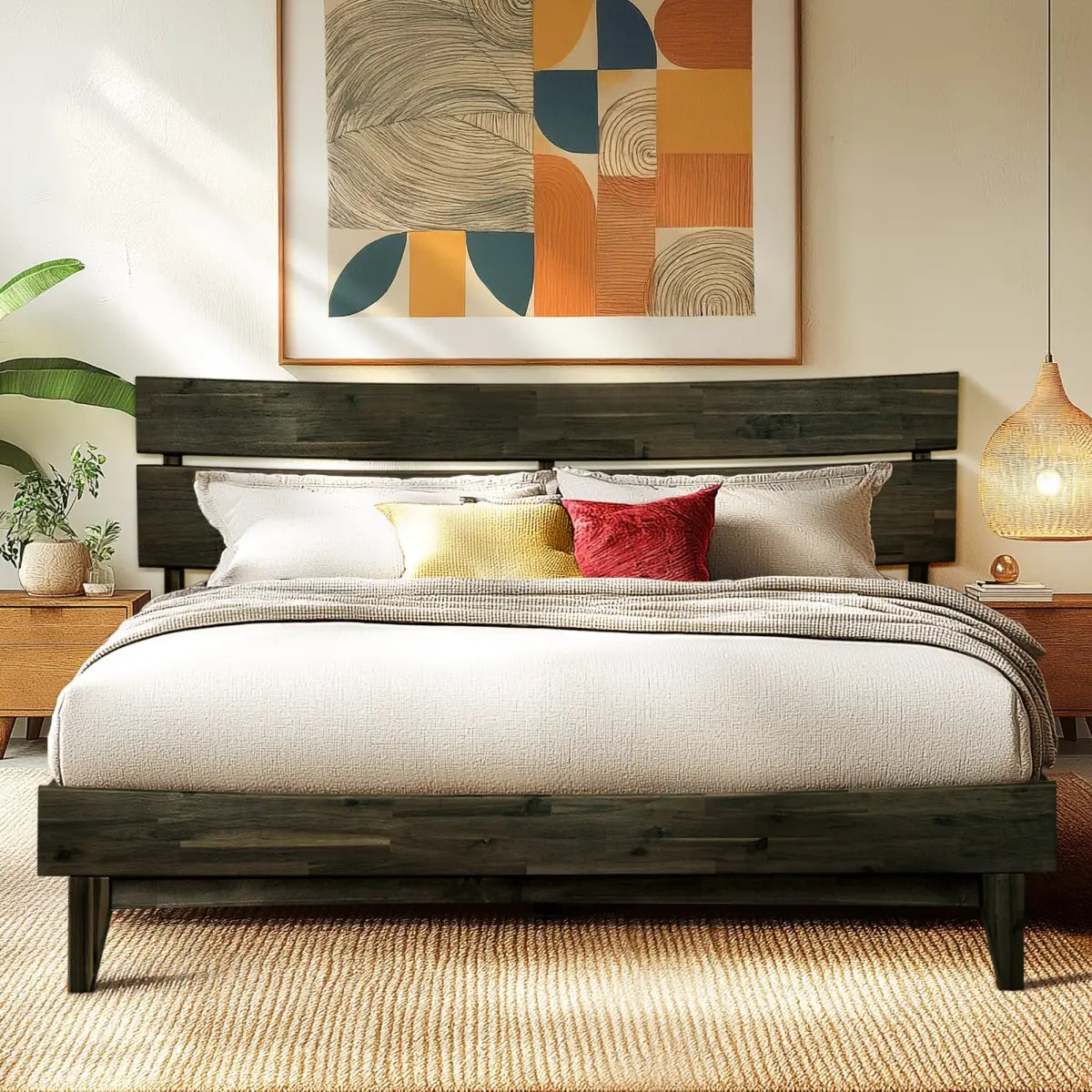 Solid Wood Bed Frame - Acacia - Stylish Bedroom - Only Bed / Mocha / Queen - Megsu