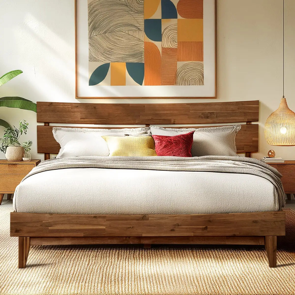Solid Wood Bed Frame - Acacia - Stylish Bedroom - Walnut / Queen - Megsu