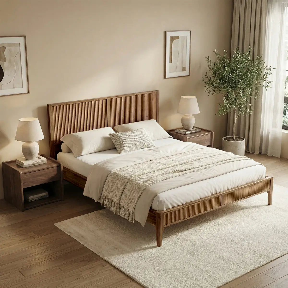 Acacia Wood Bed Frame with Headboard - Megsu Bosk - Megsu