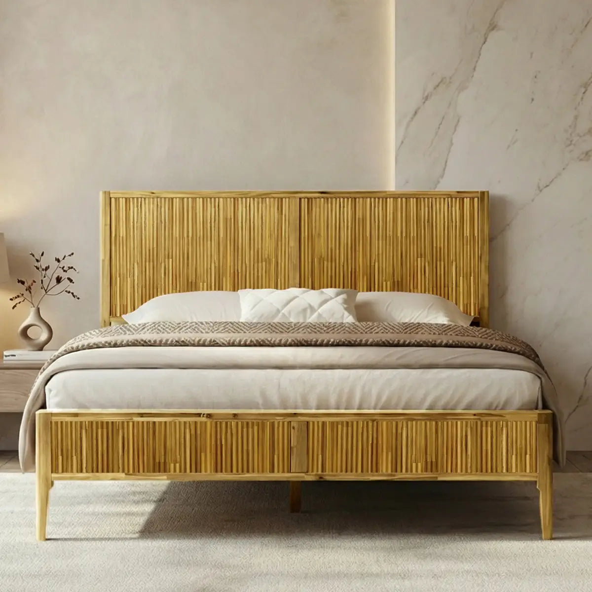 Acacia Wood Bed Frame with Headboard - Megsu Bosk - Oak / King - Megsu