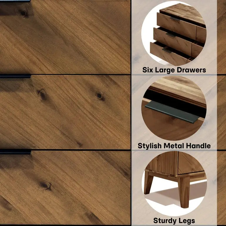 Acacia Wood Dresser - Veyron - 6 Drawers - Modern - Megsu
