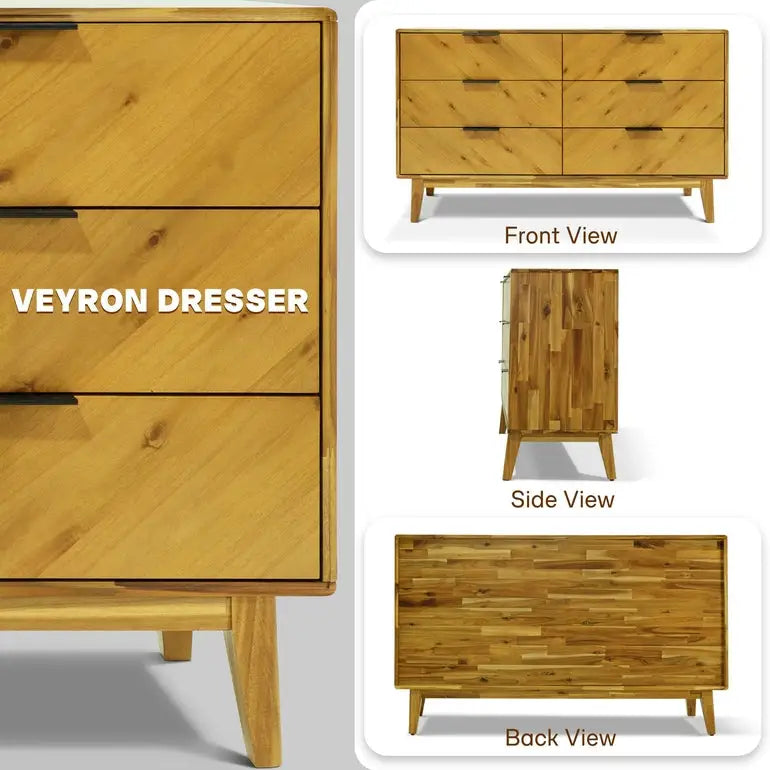 Acacia Wood Dresser - Veyron - 6 Drawers - Modern - Megsu