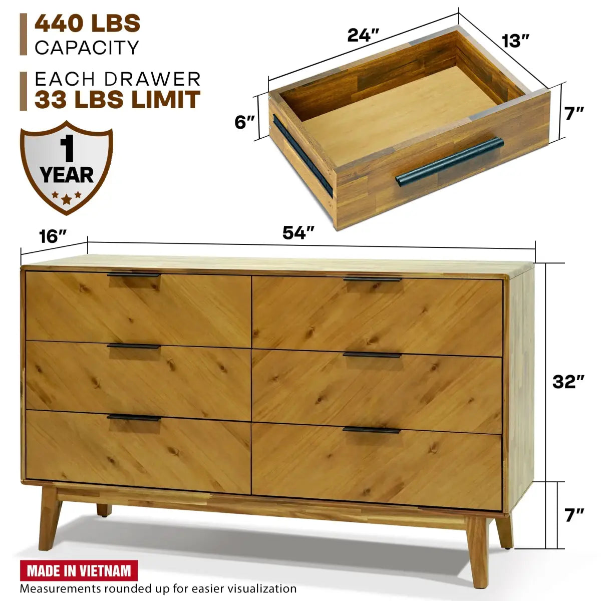 Acacia Wood Dresser - Veyron - 6 Drawers - Modern - Megsu