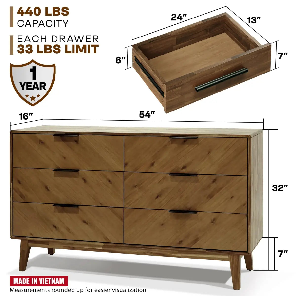 Acacia Wood Dresser - Veyron - 6 Drawers - Modern - Megsu