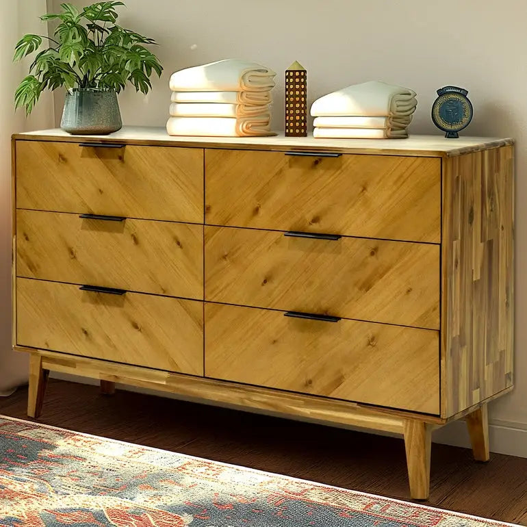Acacia Wood Dresser - Veyron - 6 Drawers - Modern - Oak - Megsu