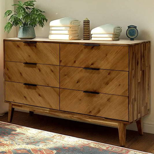 Acacia Wood Dresser - Veyron - 6 Drawers - Modern - Walnut - Megsu