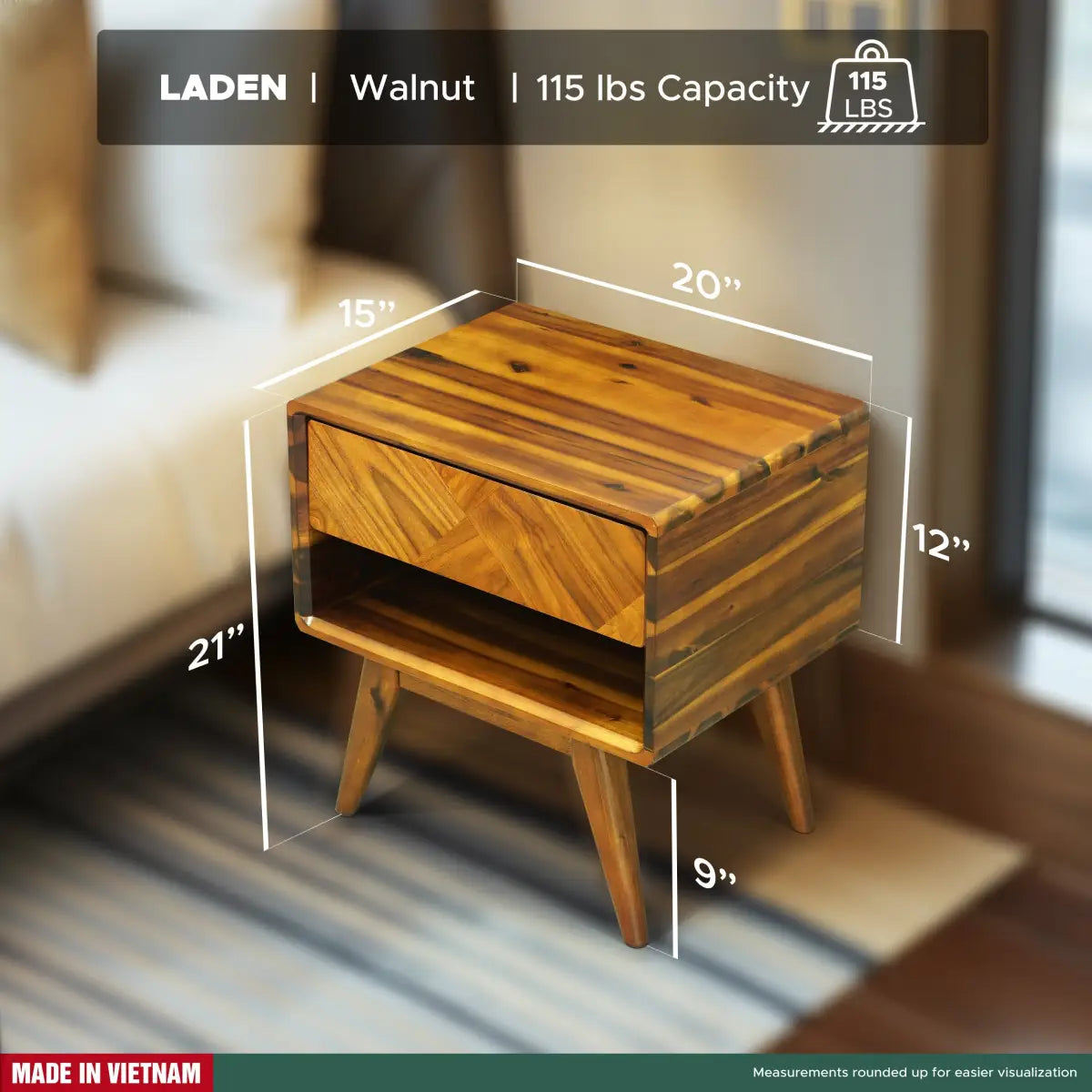 Acacia Wood Nightstand with Drawer - Rorns Laden - Modern Bedroom Storage - Megsu