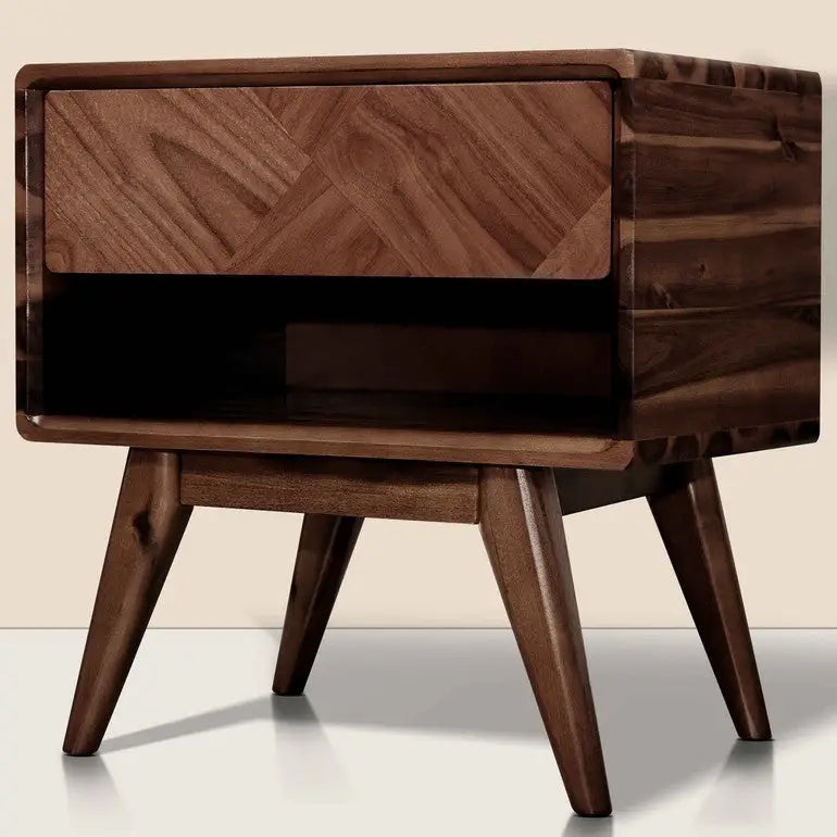 Acacia Wood Nightstand with Drawer - Rorns Laden - Modern Bedroom Storage - Walnut - Megsu