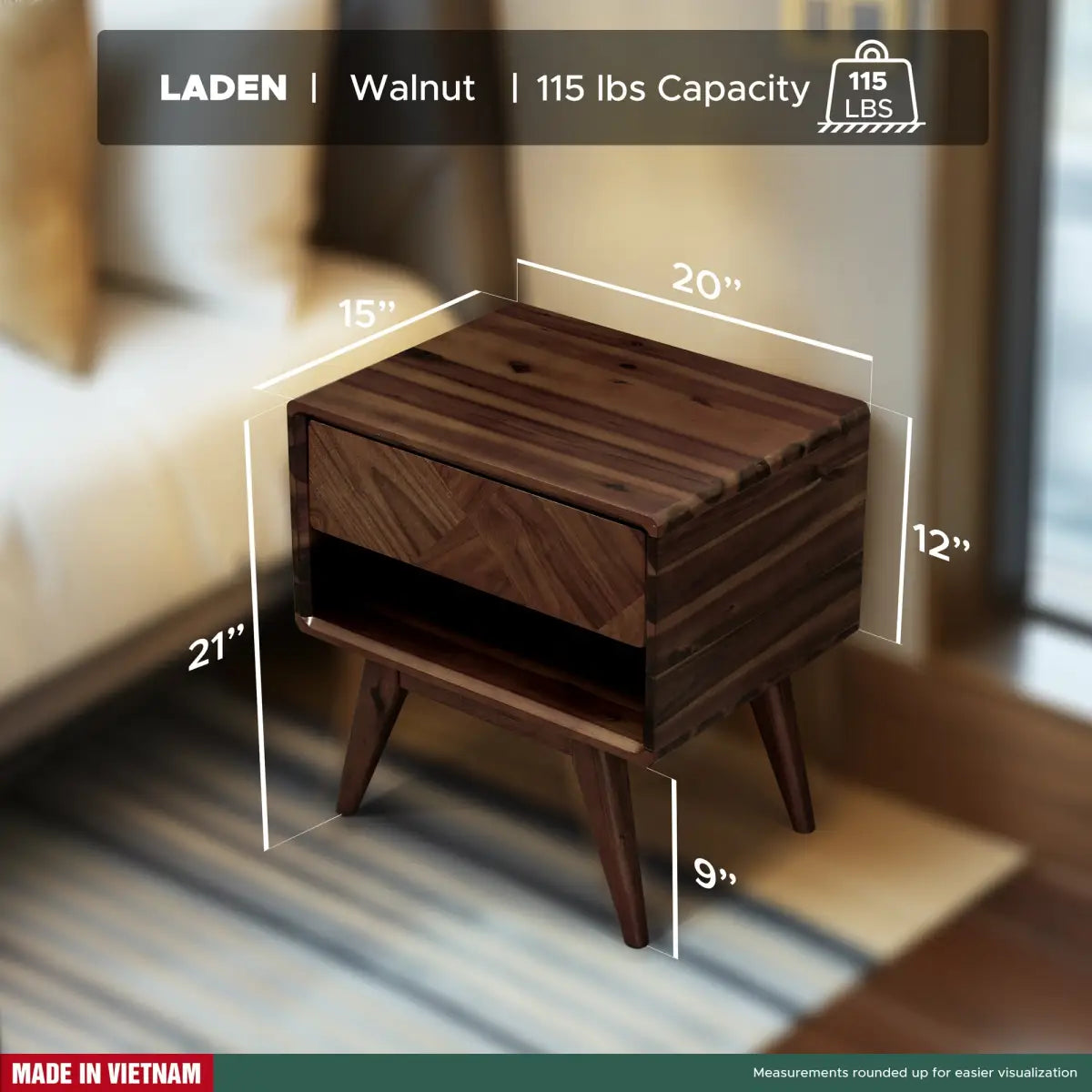 Acacia Wood Nightstand with Drawer - Rorns Laden - Modern Bedroom Storage - Megsu