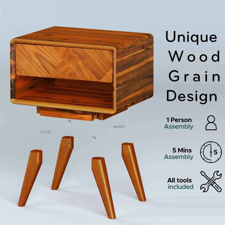 Acacia Wood Nightstand with Drawer - Rorns Laden - Modern Bedroom Storage - Megsu