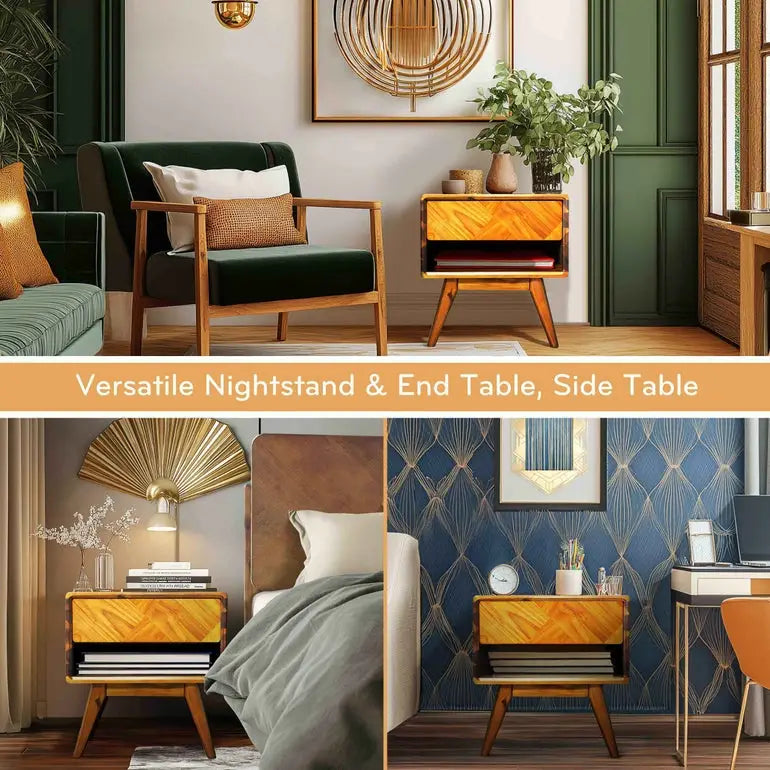 Acacia Wood Nightstand with Drawer - Rorns Laden - Modern Bedroom Storage - Megsu
