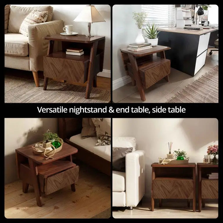 Acacia Wood Nightstand with Drawer - Rorns Rum - Modern Bedroom Storage - Megsu