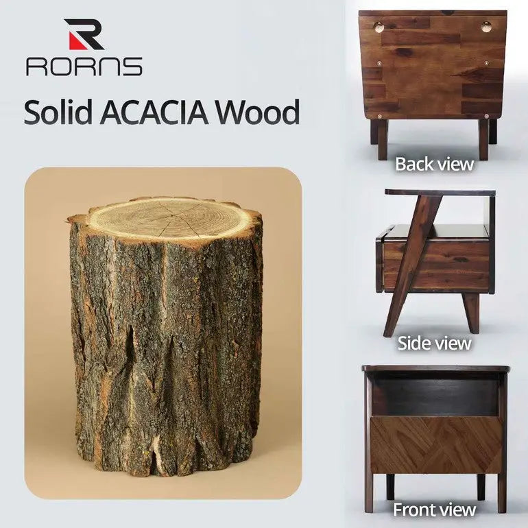 Acacia Wood Nightstand with Drawer - Rorns Rum - Modern Bedroom Storage - Megsu