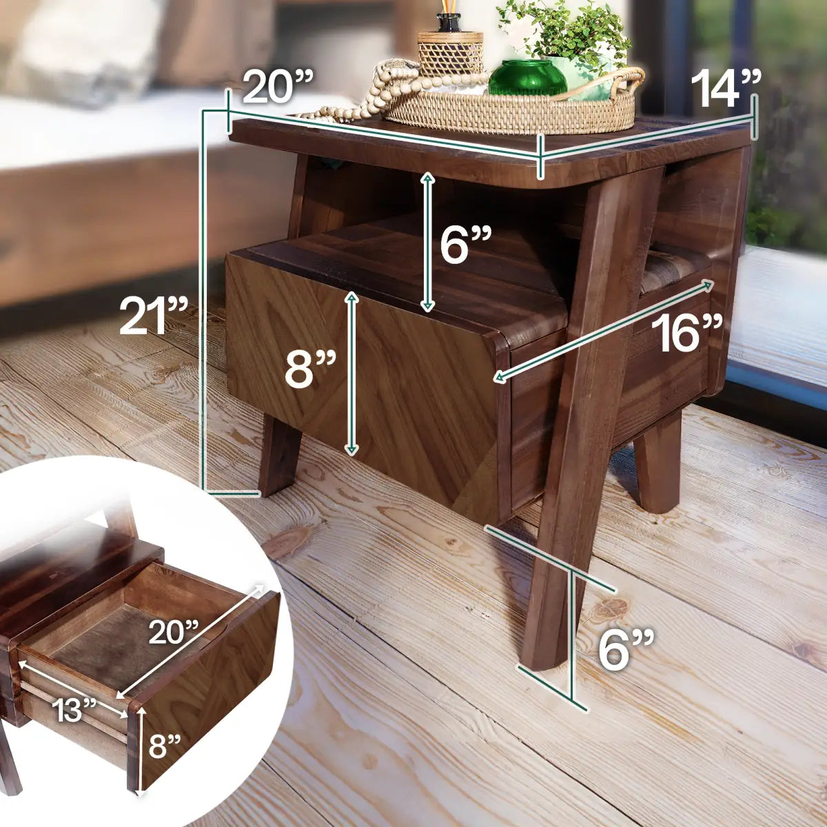 Acacia Wood Nightstand with Drawer - Rorns Rum - Modern Bedroom Storage - Megsu