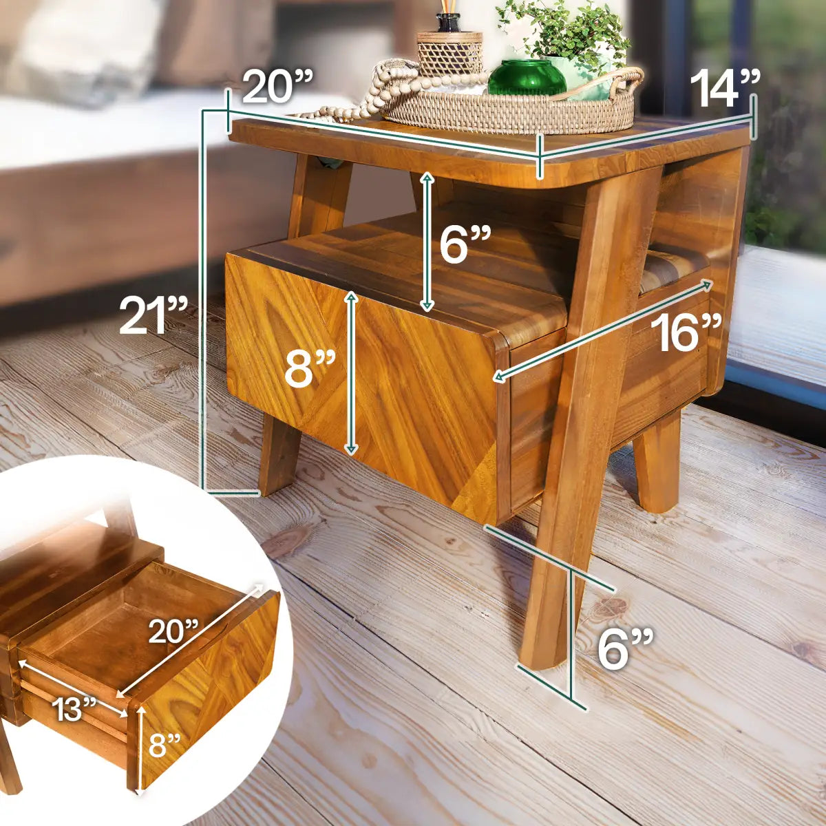 Acacia Wood Nightstand with Drawer - Rorns Rum - Modern Bedroom Storage - Megsu