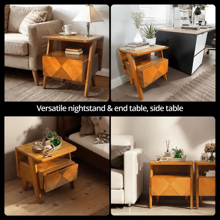 Acacia Wood Nightstand with Drawer - Rorns Rum - Modern Bedroom Storage - Megsu
