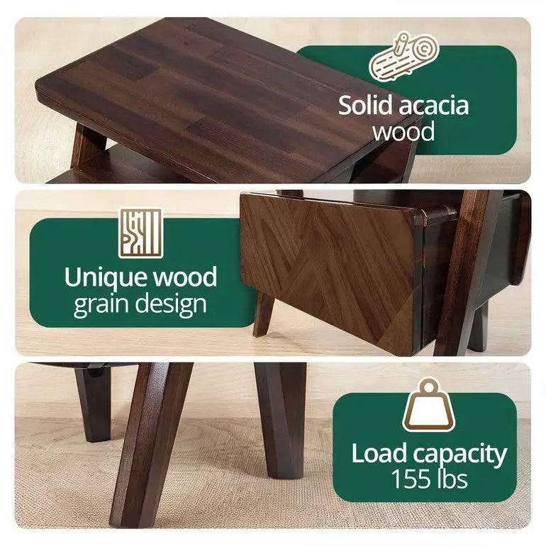 Acacia Wood Nightstand with Drawer - Rorns Rum - Modern Bedroom Storage - Megsu