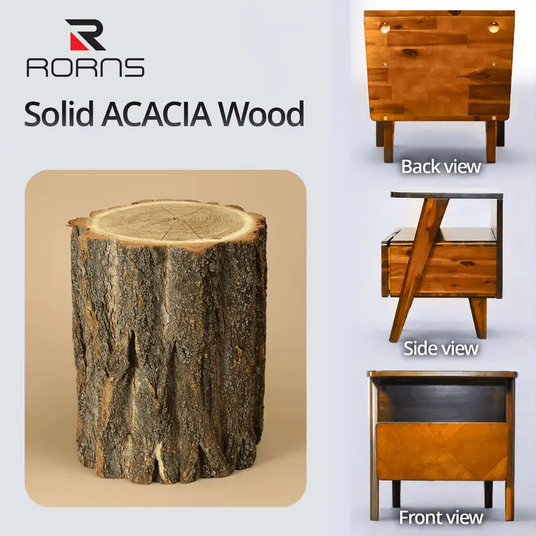 Acacia Wood Nightstand with Drawer - Rorns Rum - Modern Bedroom Storage - Megsu