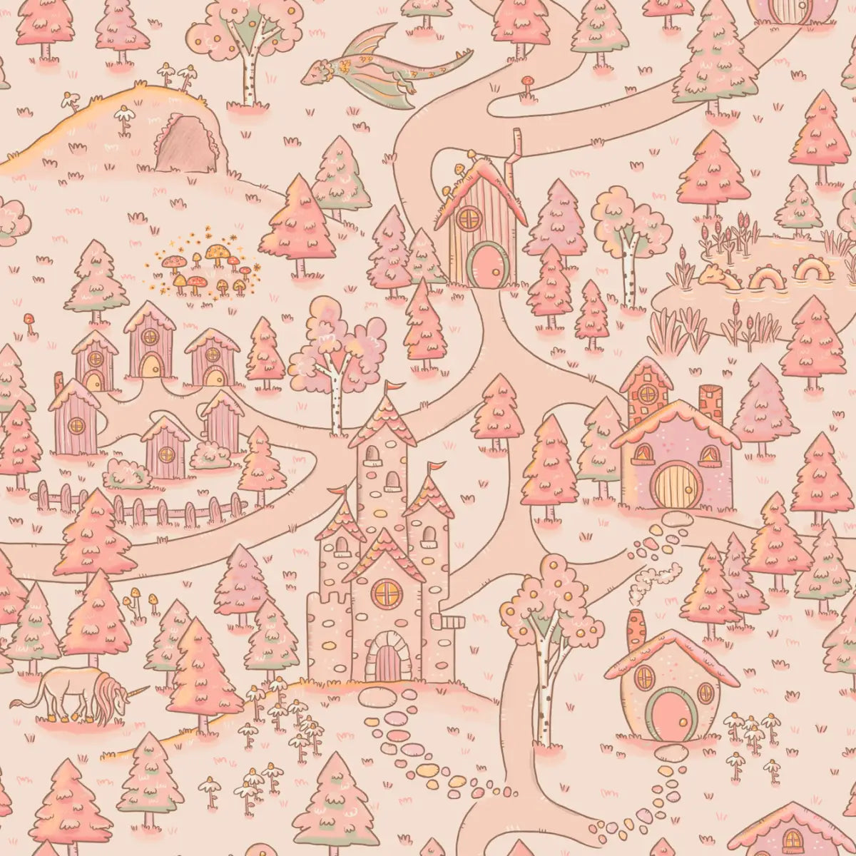 Adelina Wallpaper - Castles and Unicorns for Kids - by Tylee Hansen - Sample 1 foot by 1 foot / Sunset - Loomwell Home