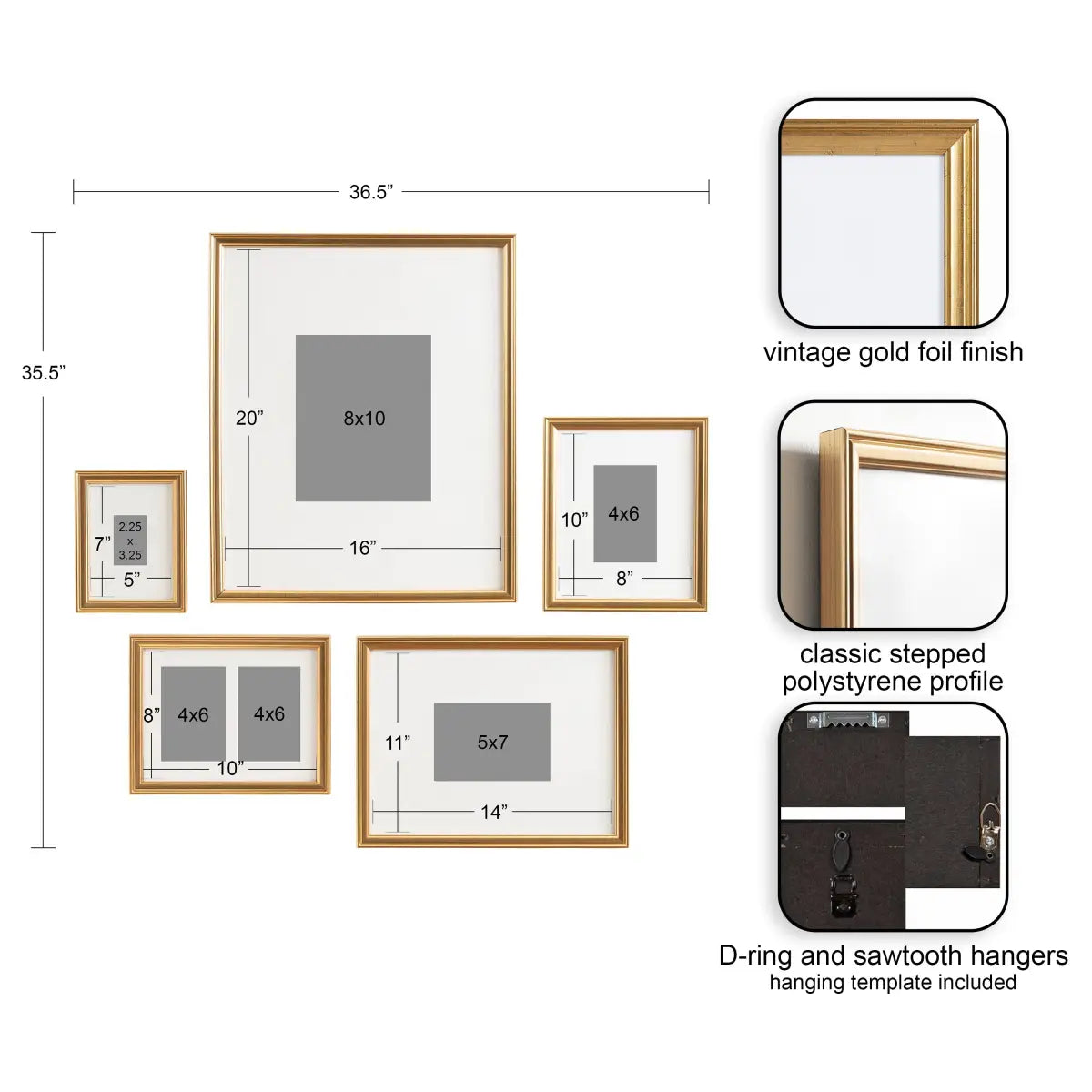 Adlynn Wall Picture Frames - Set of 5 - Gold - kateandlaurel