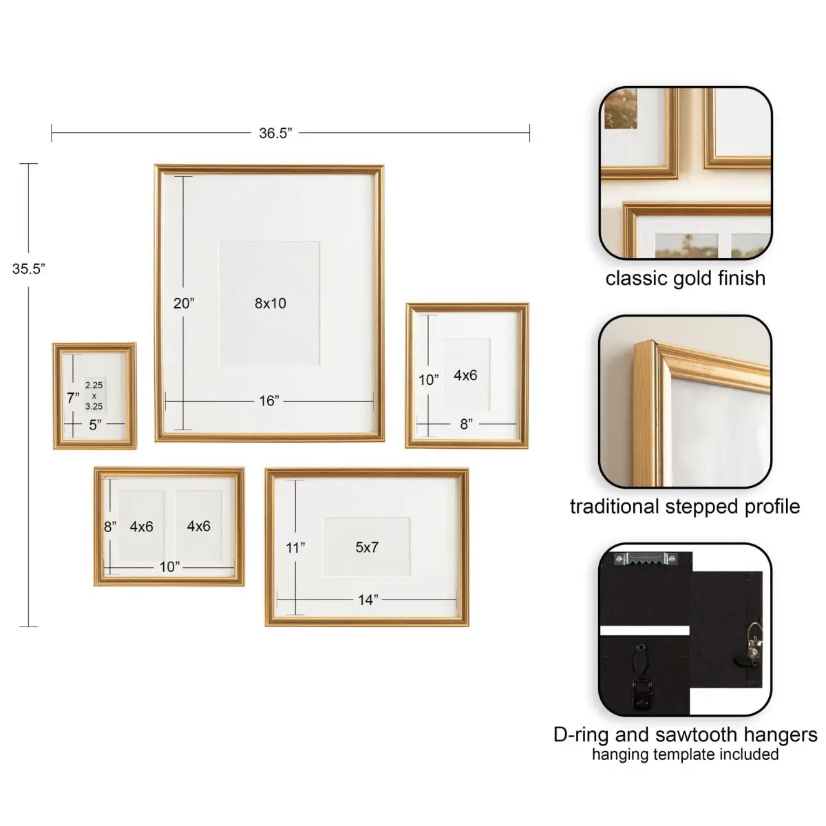 Adlynn Wall Picture Frames - Set of 5 - Gold - kateandlaurel