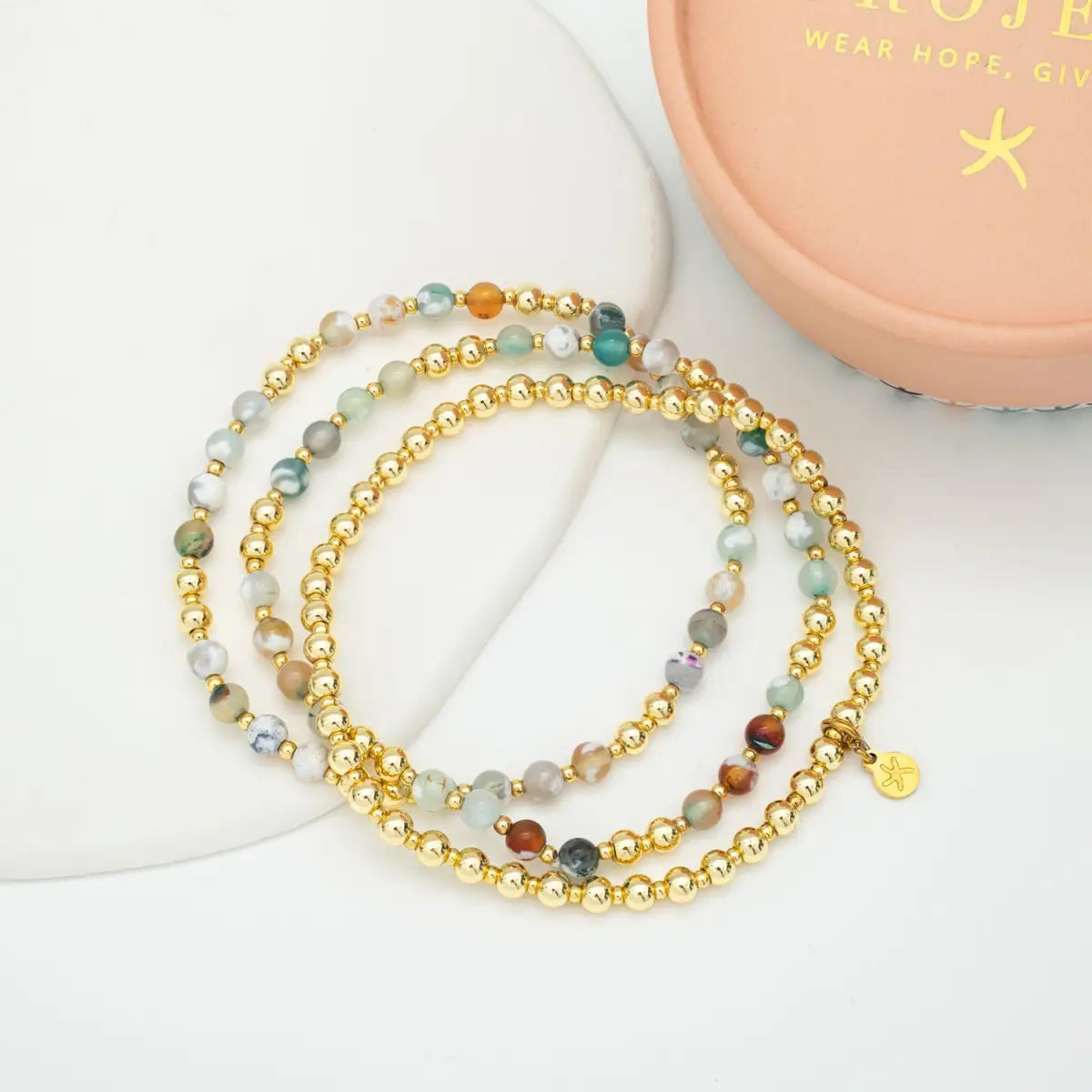Agate and Gold Beaded Bracelet - Set of 3 - Light We Carry - Starfish Project