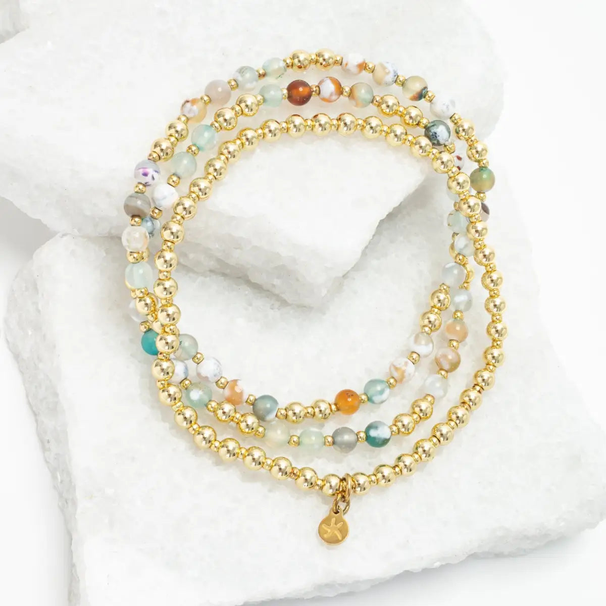 Agate and Gold Beaded Bracelet - Set of 3 - Light We Carry - Starfish Project
