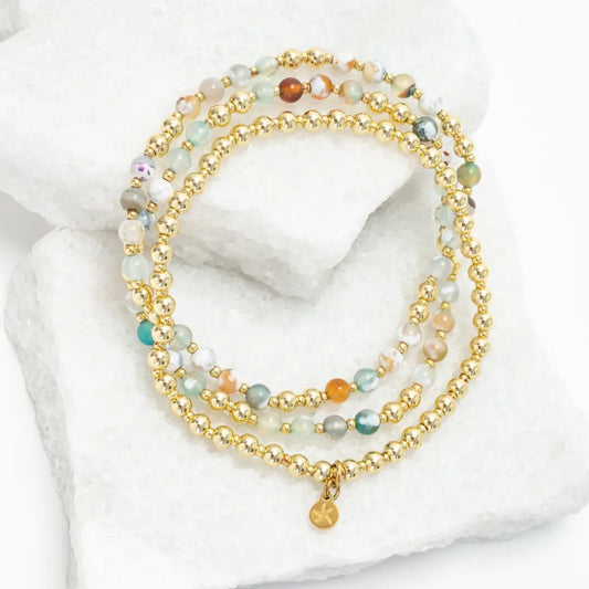 Agate and Gold Beaded Bracelet - Set of 3 - Light We Carry - Starfish Project