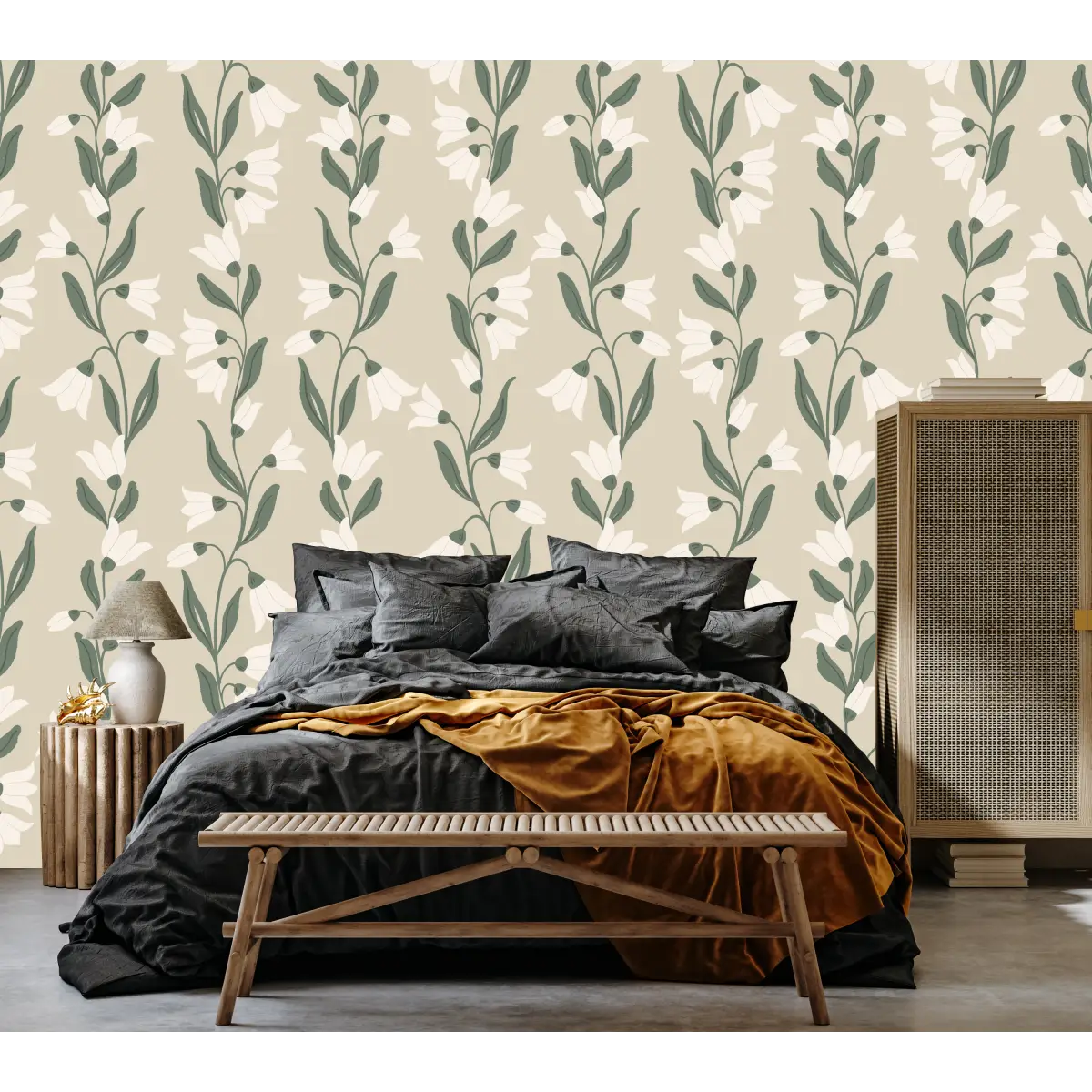 Agatha Wallpaper - Travelling Tulips - by Gabriela Dachin - Sample 1 foot by 1 foot / Green / Large Scale - Loomwell