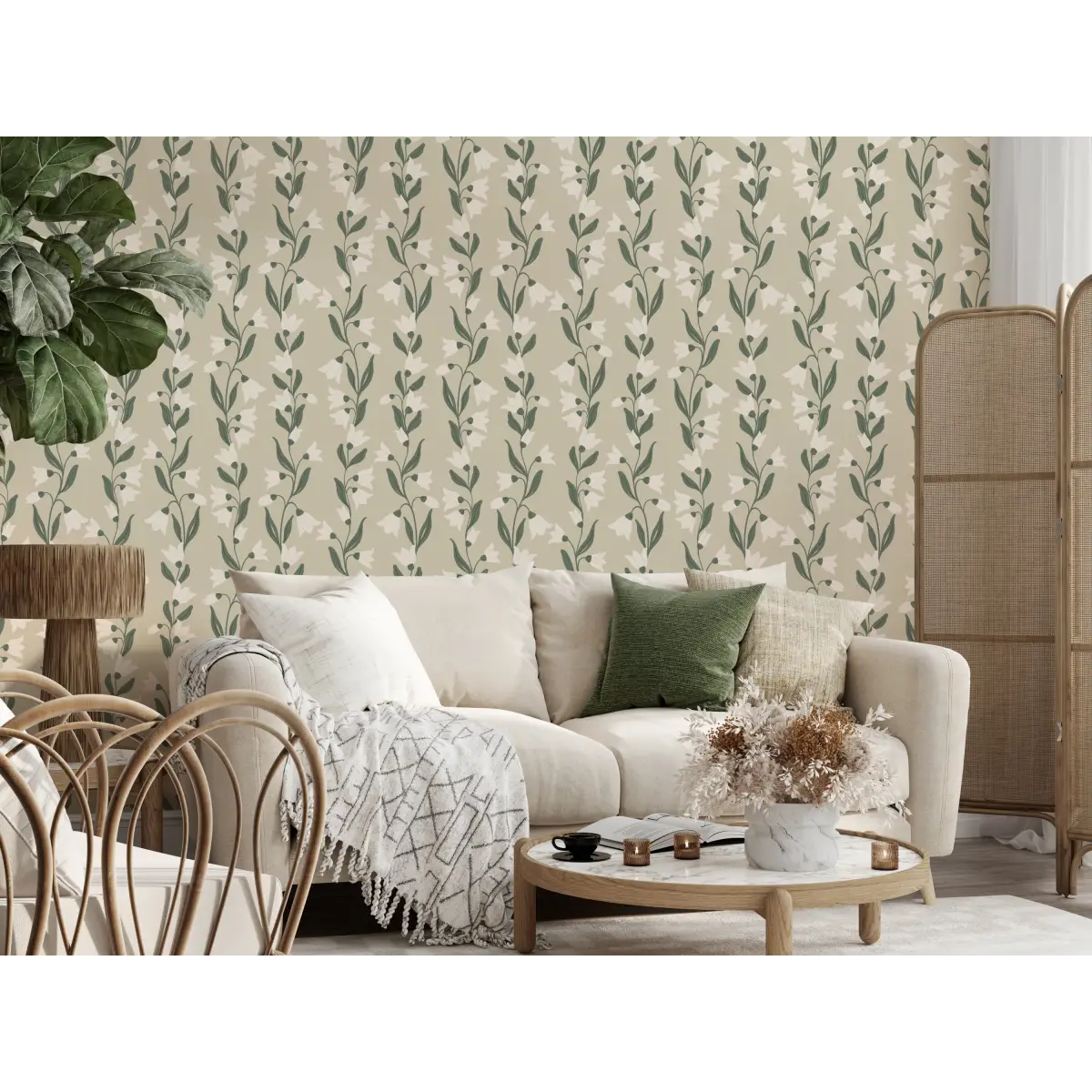 Agatha Wallpaper - Travelling Tulips - by Gabriela Dachin - Sample 1 foot by 1 foot / Green / Small Scale - Loomwell