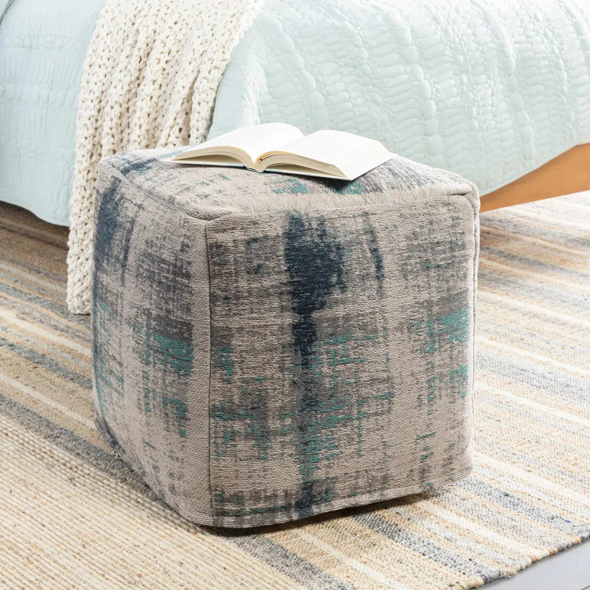Albertville Knitted Gray Cotton Pouf - 18’’ Cube - Boutique Rugs