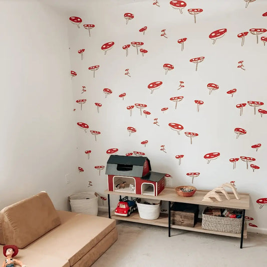 Amanita Wallpaper - Red Mushroom Line Drawings - by Shop Pudge - Loomwell Home Goods