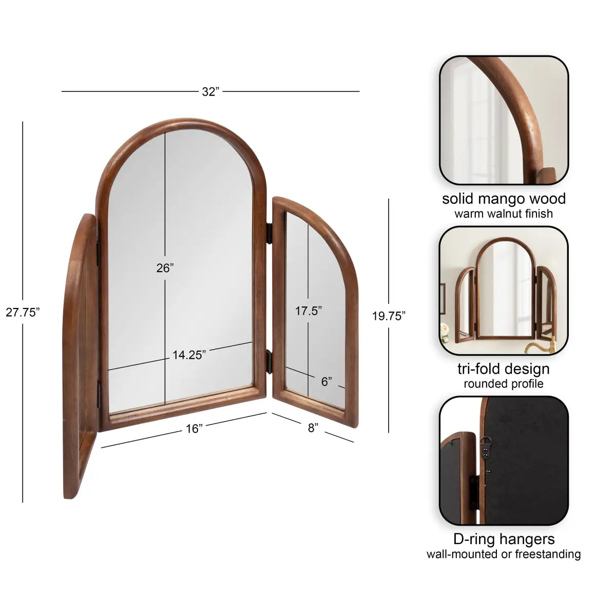 Amoli Tri Fold Vanity Mirror - Walnut Brown - kateandlaurel