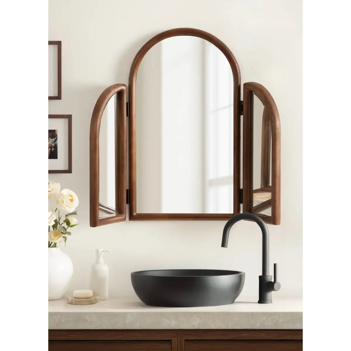 Amoli Tri Fold Vanity Mirror - Walnut Brown - kateandlaurel