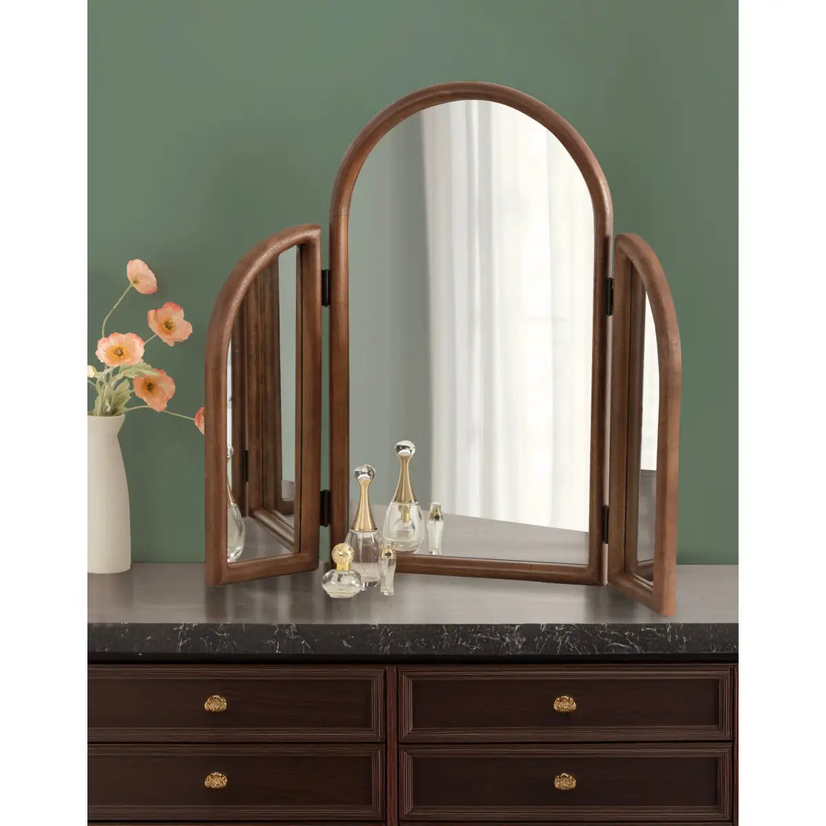 Amoli Tri Fold Vanity Mirror - Walnut Brown - kateandlaurel