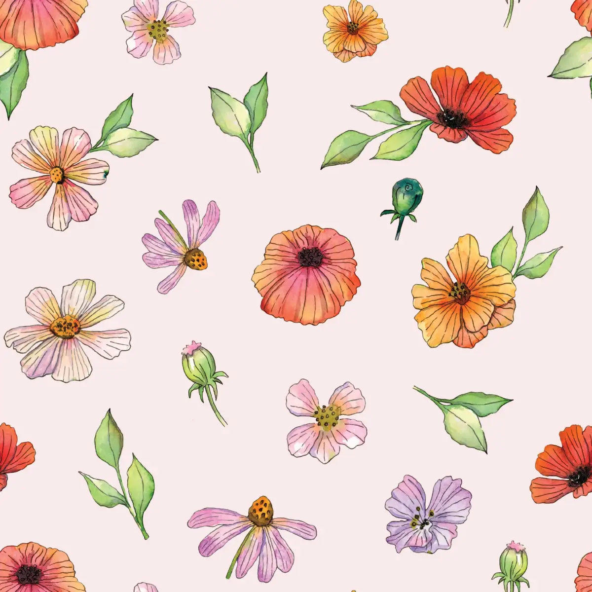 Amy Wallpaper - Watercolor Flowers - by Sara Mari - Sample 1 foot by 1 foot / Blush - Loomwell Home Goods