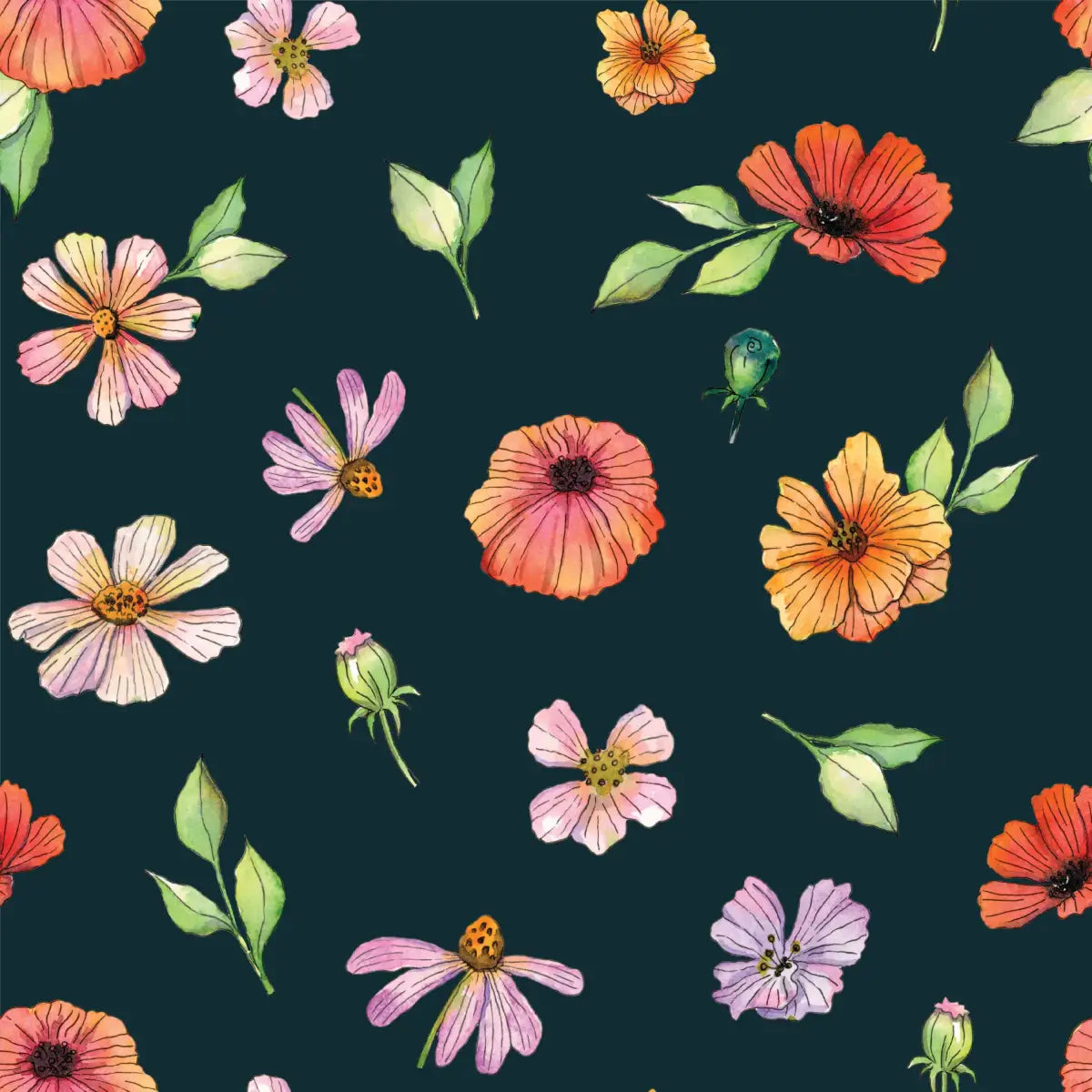 Amy Wallpaper - Watercolor Flowers - by Sara Mari - Sample 1 foot by 1 foot / Dark Blue - Loomwell Home Goods
