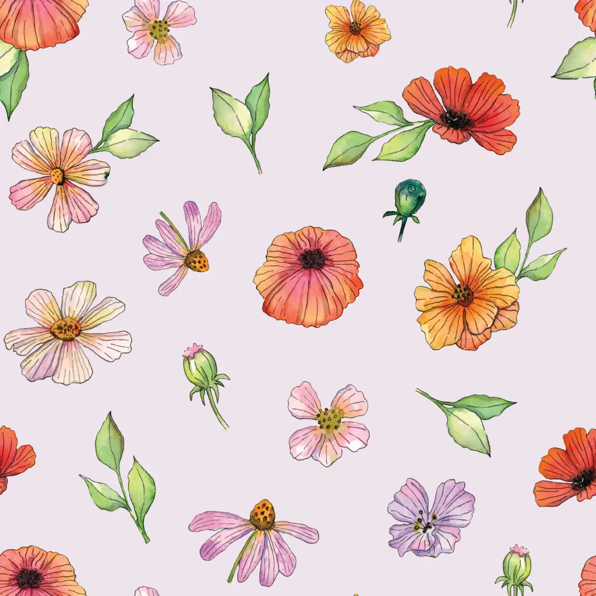 Amy Wallpaper - Watercolor Flowers - by Sara Mari - Sample 1 foot by 1 foot / Lavender - Loomwell Home Goods
